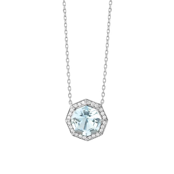 Aquamarine Octagon Halo Pendant Necklace Hingham Jewelers Hingham, MA