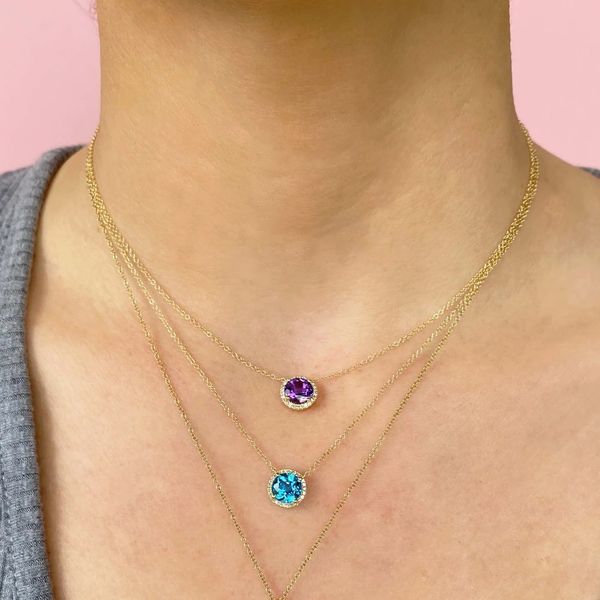 Blue Topaz Halo Pendant Necklace Image 2 Hingham Jewelers Hingham, MA
