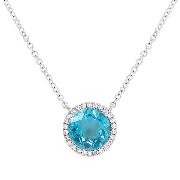 Blue Topaz Halo Pendant Necklace Hingham Jewelers Hingham, MA