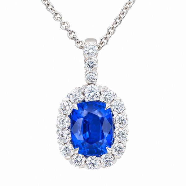 Sapphire Halo Pendant Necklace Hingham Jewelers Hingham, MA