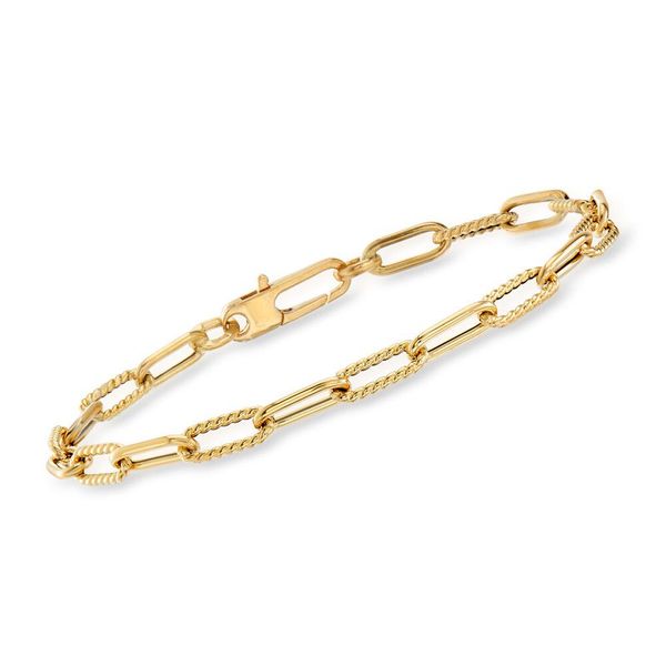 Designer Gold Alternating Polished and Fluted Paperclip Link Chain Bracelet Hingham Jewelers Hingham, MA