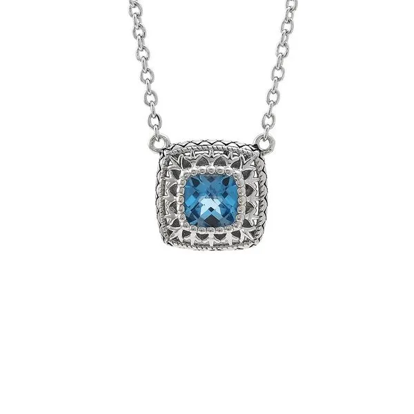 Fleur De Lis Cushion Bezel Blue Topaz Necklace Hingham Jewelers Hingham, MA