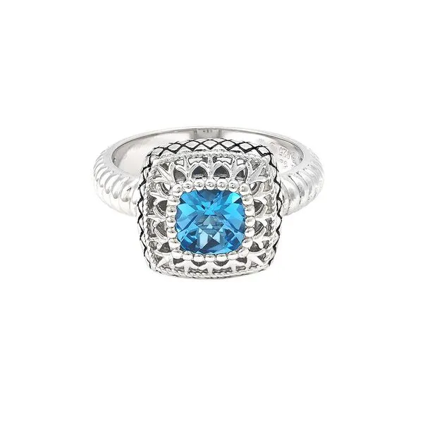 Fleur De Lis Cushion Bezel Blue Topaz Ring Hingham Jewelers Hingham, MA