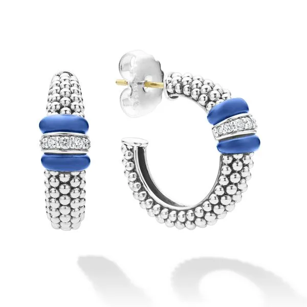 Blue Ceramic Caviar Diamond Hoop Earrings Hingham Jewelers Hingham, MA