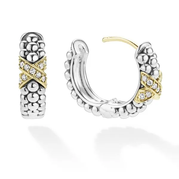 Embrace Two-Tone Diamond Huggie Earrings Image 2 Hingham Jewelers Hingham, MA