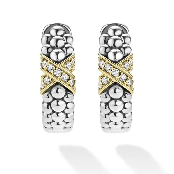 Embrace Two-Tone Diamond Huggie Earrings Image 3 Hingham Jewelers Hingham, MA