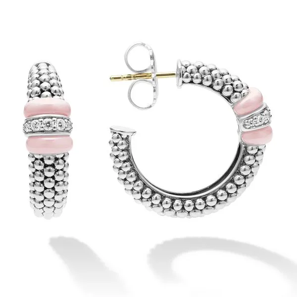 Pink Caviar Pink Ceramic Caviar Diamond Hoop Earrings Hingham Jewelers Hingham, MA