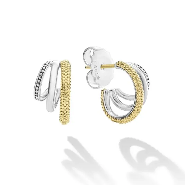 Caviar Lux Two-Tone Three Ring Hoop Earrings Hingham Jewelers Hingham, MA