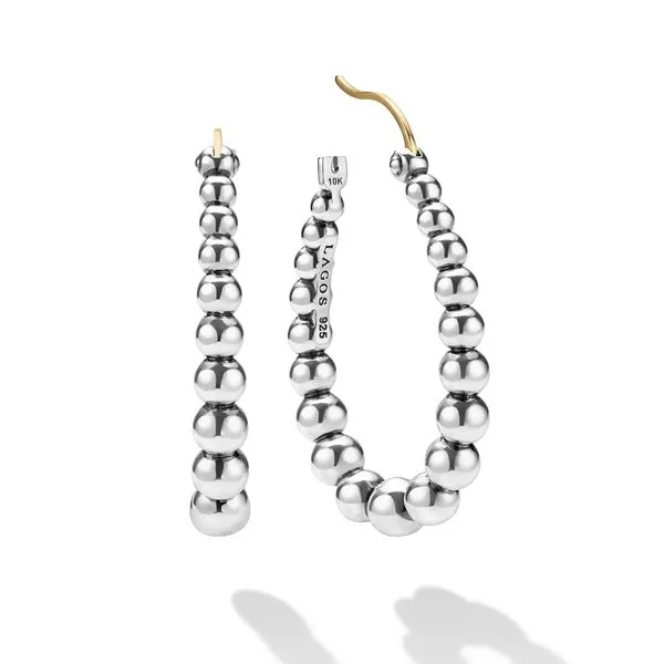 Caviar Bubbly Silver Oval Beaded Hoop Earrings