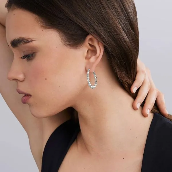 Caviar Bubbly Silver Oval Beaded Hoop Earrings