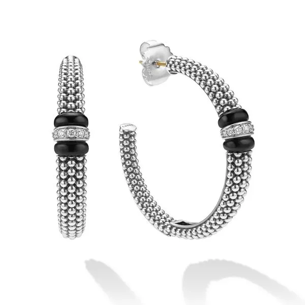 Black Caviar Large Black Ceramic Caviar Diamond Hoop Earr...