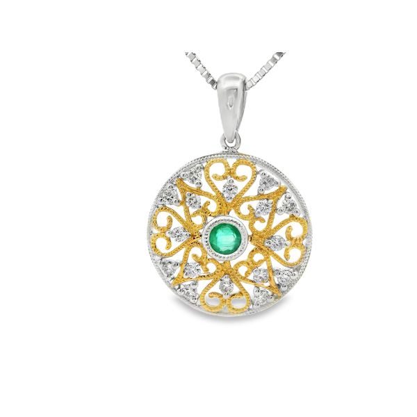 Round Filigree Emerald and Diamond Pendant Hogan's Jewelers Gaylord, MI