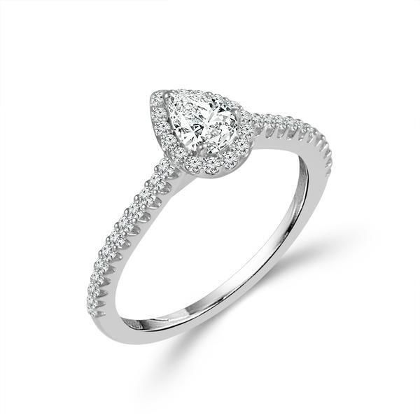 Elegant pear shaped halo diamond ring. Holliday Jewelry Klamath Falls, OR