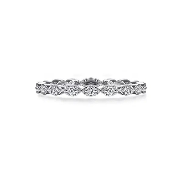 Delicate white gold marquise station diamond stackable ring by Gabriel & Co Holliday Jewelry Klamath Falls, OR