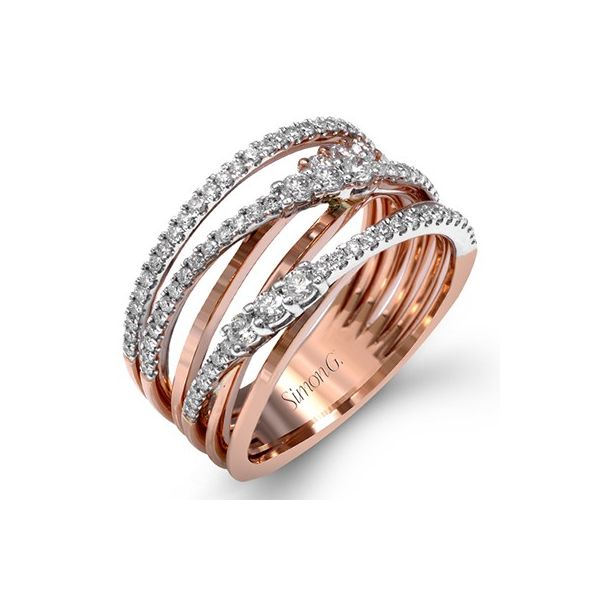 Simon G 18 karat rose and white gold diamond fashion ring. Holliday Jewelry Klamath Falls, OR