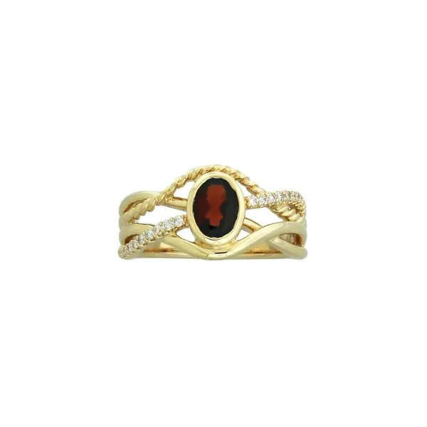Garnet adorns this ring featured in yellow gold with diamond accents. Holliday Jewelry Klamath Falls, OR