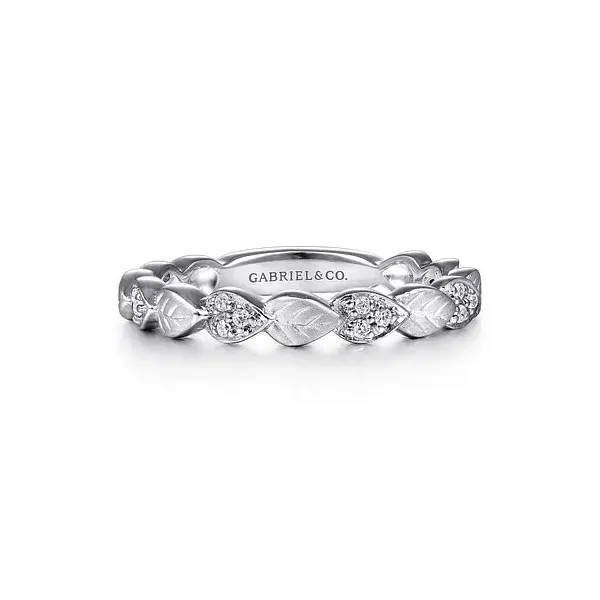 Delicate white gold delicate leaf diamond stackable ring by Gabriel & Co Holliday Jewelry Klamath Falls, OR