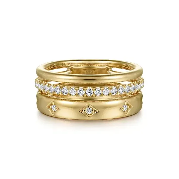 Bold wide gold and diamond ring that appears like a stack of three by Gabriel & Co Holliday Jewelry Klamath Falls, OR