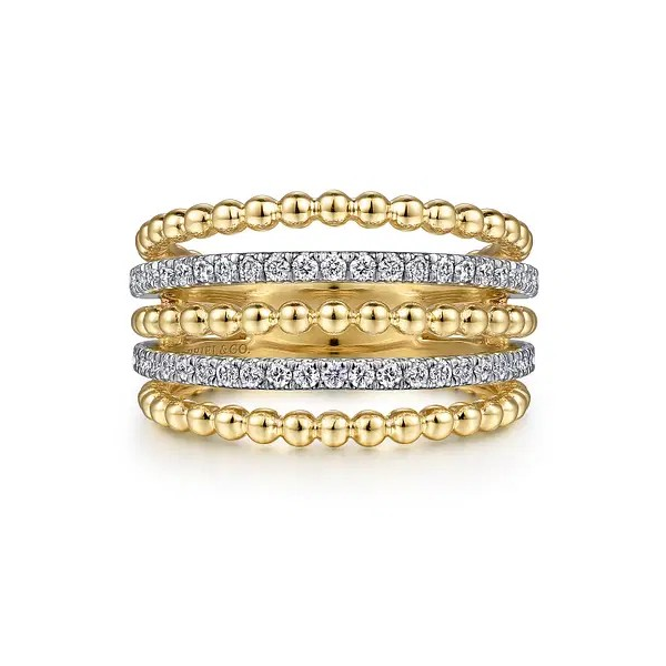 Stylish gold and diamond ring that appears to be stacked but it one ring by Gabriel & Co Holliday Jewelry Klamath Falls, OR