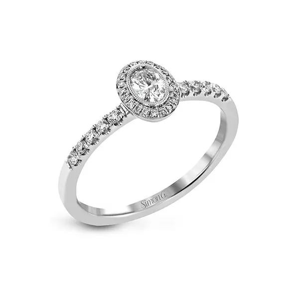 Classic oval diamond halo Simon G ring. Holliday Jewelry Klamath Falls, OR