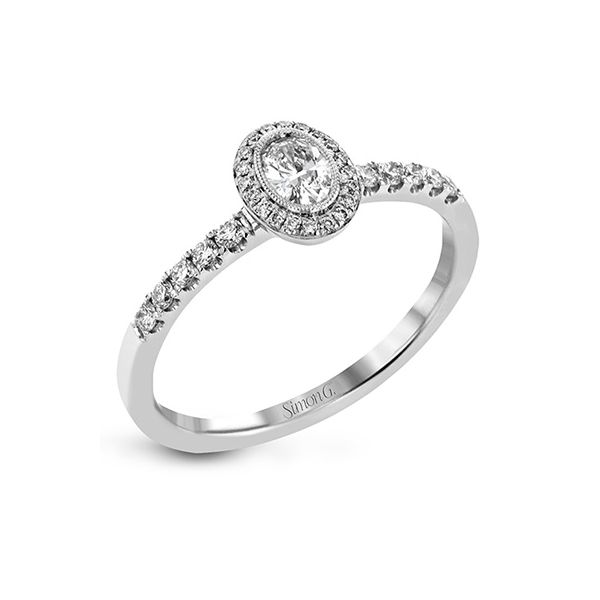 Classic oval diamond halo Simon G ring. Holliday Jewelry Klamath Falls, OR