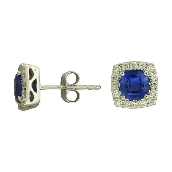 Sapphire and diamond halo design earrings. Holliday Jewelry Klamath Falls, OR