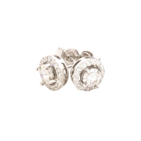 Halo design diamond earrings. Holliday Jewelry Klamath Falls, OR