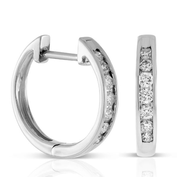 Classic channel set diamond hoop earrings. Holliday Jewelry Klamath Falls, OR