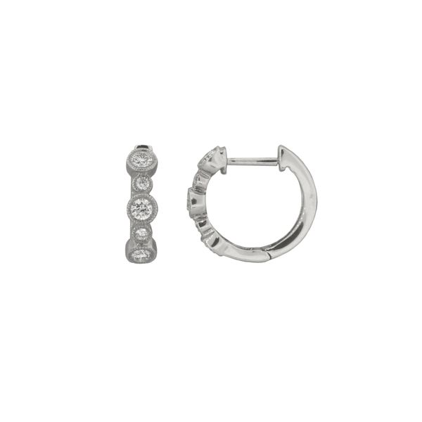 Diamond hoop earrings in 14 karat white gold. Holliday Jewelry Klamath Falls, OR