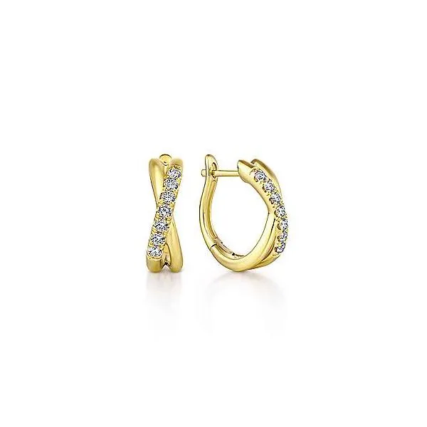 Yellow gold twisted diamond huggie earrings by Gabriel & Co. Holliday Jewelry Klamath Falls, OR