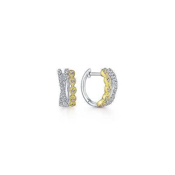 Versatile two-tone diamond criss-cross earrings by Gabriel & Co. Holliday Jewelry Klamath Falls, OR