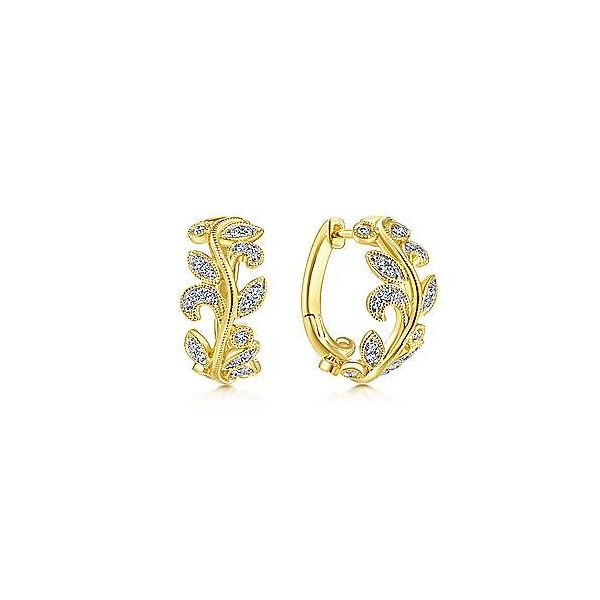 Gabriel & Co leaf diamond huggie earrings. Holliday Jewelry Klamath Falls, OR