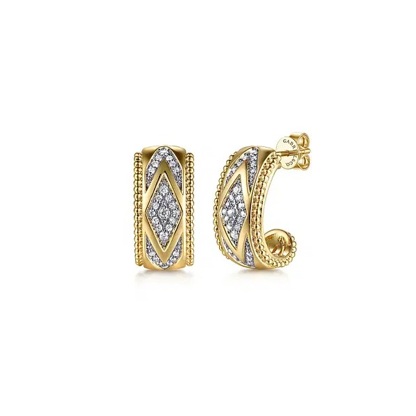 Unique yellow gold diamond j hoop earrings by Gabriel & Co Holliday Jewelry Klamath Falls, OR