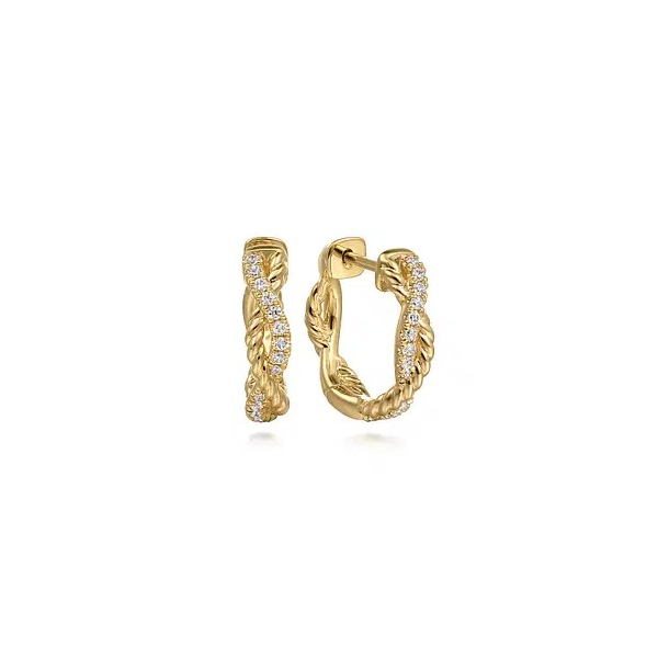 Darling diamond and gold twisted rope huggie earrings by Gabriel & Co Holliday Jewelry Klamath Falls, OR