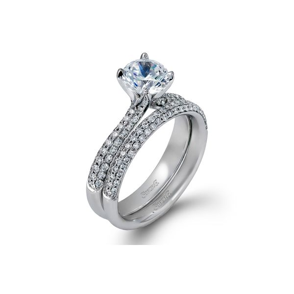 Simon G 18 karat white gold pave' diamond wedding set. *center not included. Holliday Jewelry Klamath Falls, OR