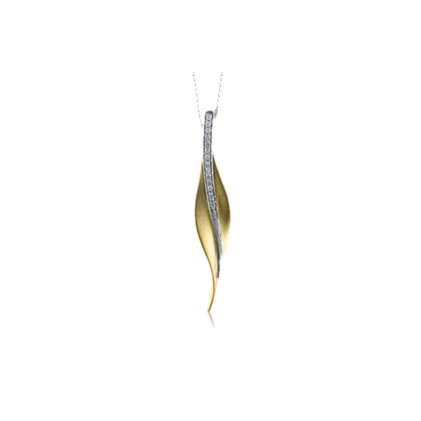 Simon G  leaf-like design yellow gold pendant set with .13 ctw shimmering round cut white diamonds. Holliday Jewelry Klamath Falls, OR