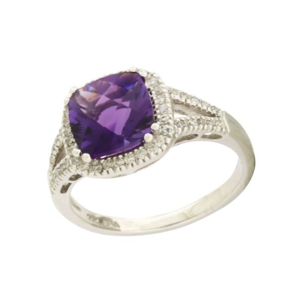 Stunning amethyst ring with a diamond halo. Holliday Jewelry Klamath Falls, OR