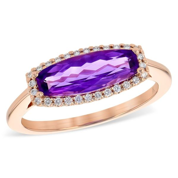 Allison Kaufman gorgeous amethyst halo design ring. Holliday Jewelry Klamath Falls, OR
