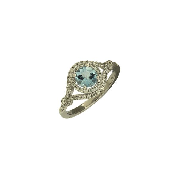 Aquamarine and diamond halo design ring. Holliday Jewelry Klamath Falls, OR