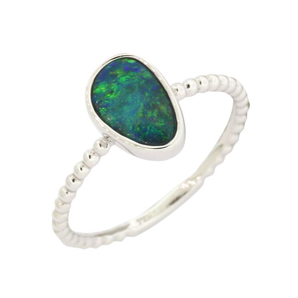 Opal ring with beaded gold detail. Holliday Jewelry Klamath Falls, OR
