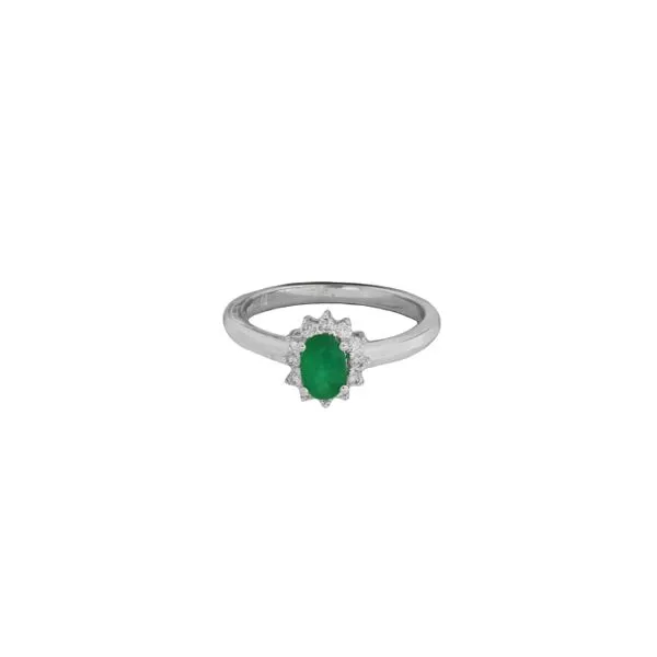 Oval halo design emerald and diamond ring. Holliday Jewelry Klamath Falls, OR