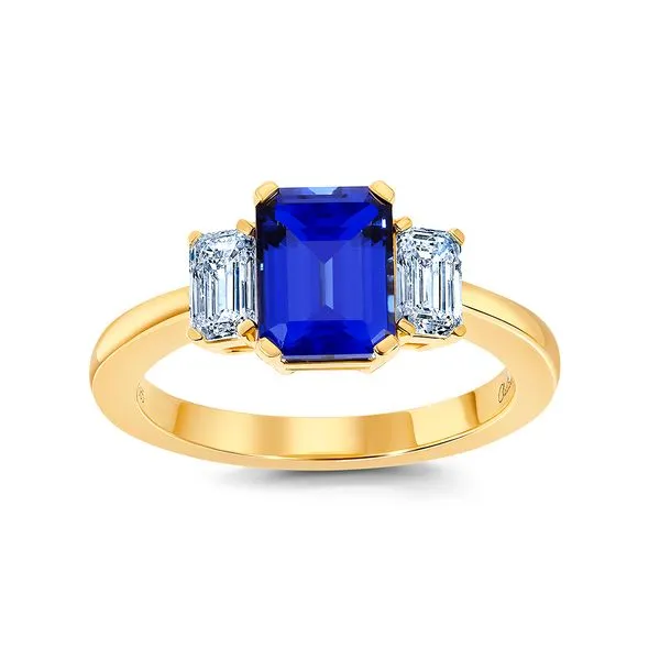 Gorgeous three stone ring set with Chatham created Sapphire and sparkling laboratory grown diamonds Holliday Jewelry Klamath Falls, OR