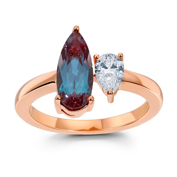 Modern two-stone ring featured in rose gold with Chatham created Alexandrite and laboratory grown diamond. Holliday Jewelry Klamath Falls, OR