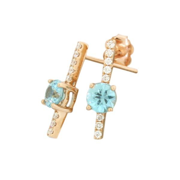 Blue zircon and diamond earrings featured in 14 karat rose gold Holliday Jewelry Klamath Falls, OR