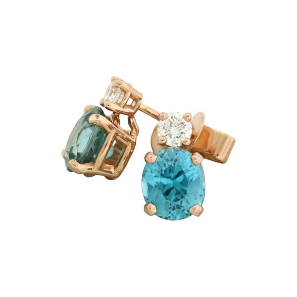 14 karat rose gold diamond and blue zircon earrings Holliday Jewelry Klamath Falls, OR