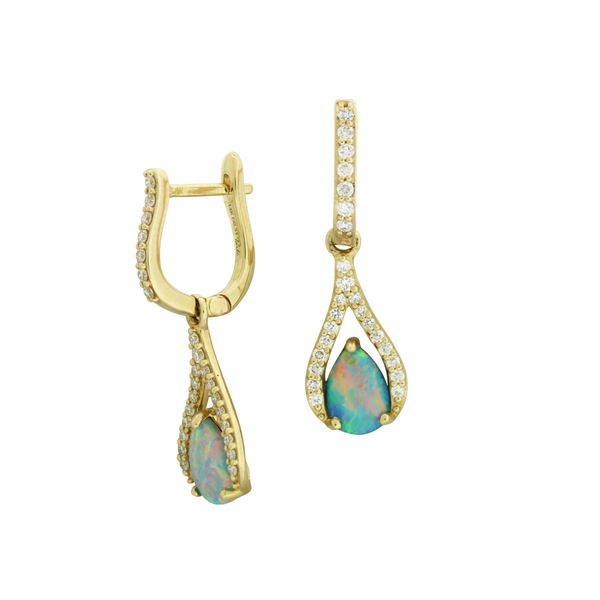 Gorgeous opal and diamond earrings featured in 14 karat yellow gold Holliday Jewelry Klamath Falls, OR