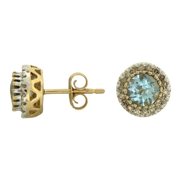 Halo design blue topaz earrings. Holliday Jewelry Klamath Falls, OR