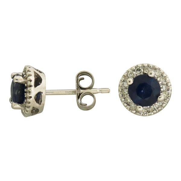 Sapphire halo style diamond earrings. Holliday Jewelry Klamath Falls, OR