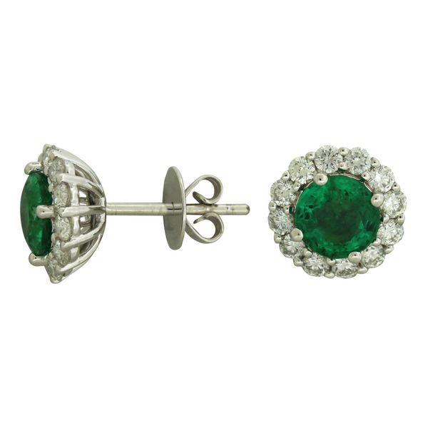 Halo design emerald earrings. Holliday Jewelry Klamath Falls, OR