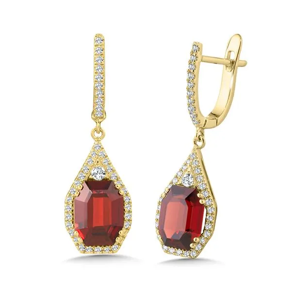 Sophisticated 14k yellow gold and garnet earring surrounded by a halo of diamonds Holliday Jewelry Klamath Falls, OR